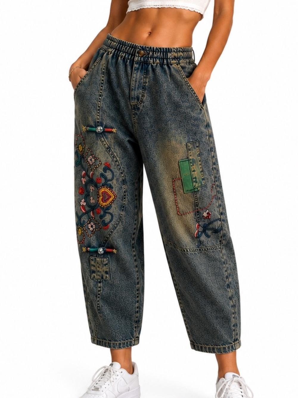 DSA.New Barrel Embroidered Washed Denim  Pants - Multicolor Detailing